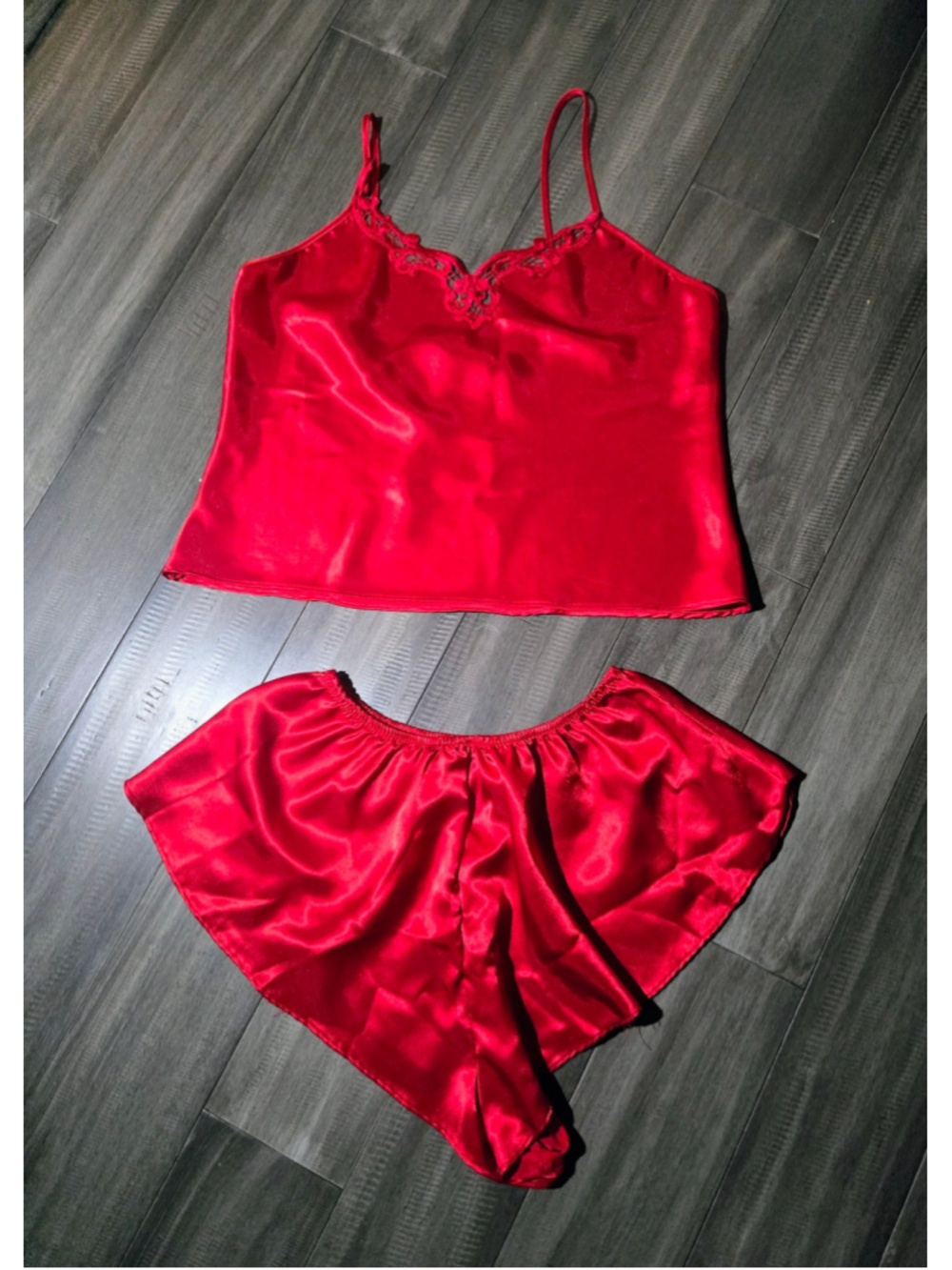 VTG Val Mode Red Satin & Lace Cami Tap Shorts Lingerie Set.